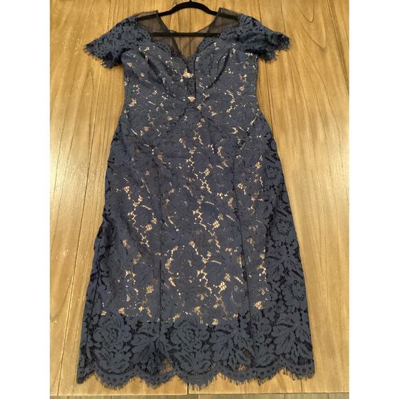 Rene Ruiz illusion Lace Mesh Evening sheath Knee short sleeve Dress Navy Blue 8 - Picture 2 of 14